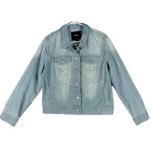 Nine West Jacket Womens Large Pinstripe Denim Trucker Stretch Hickory Stripe